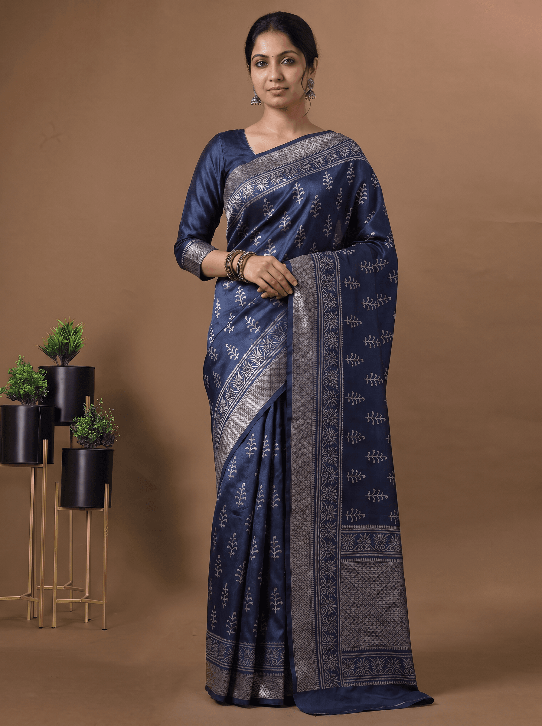 Midnight Navy Chanderi Silk Saree - with Blouse Piece
