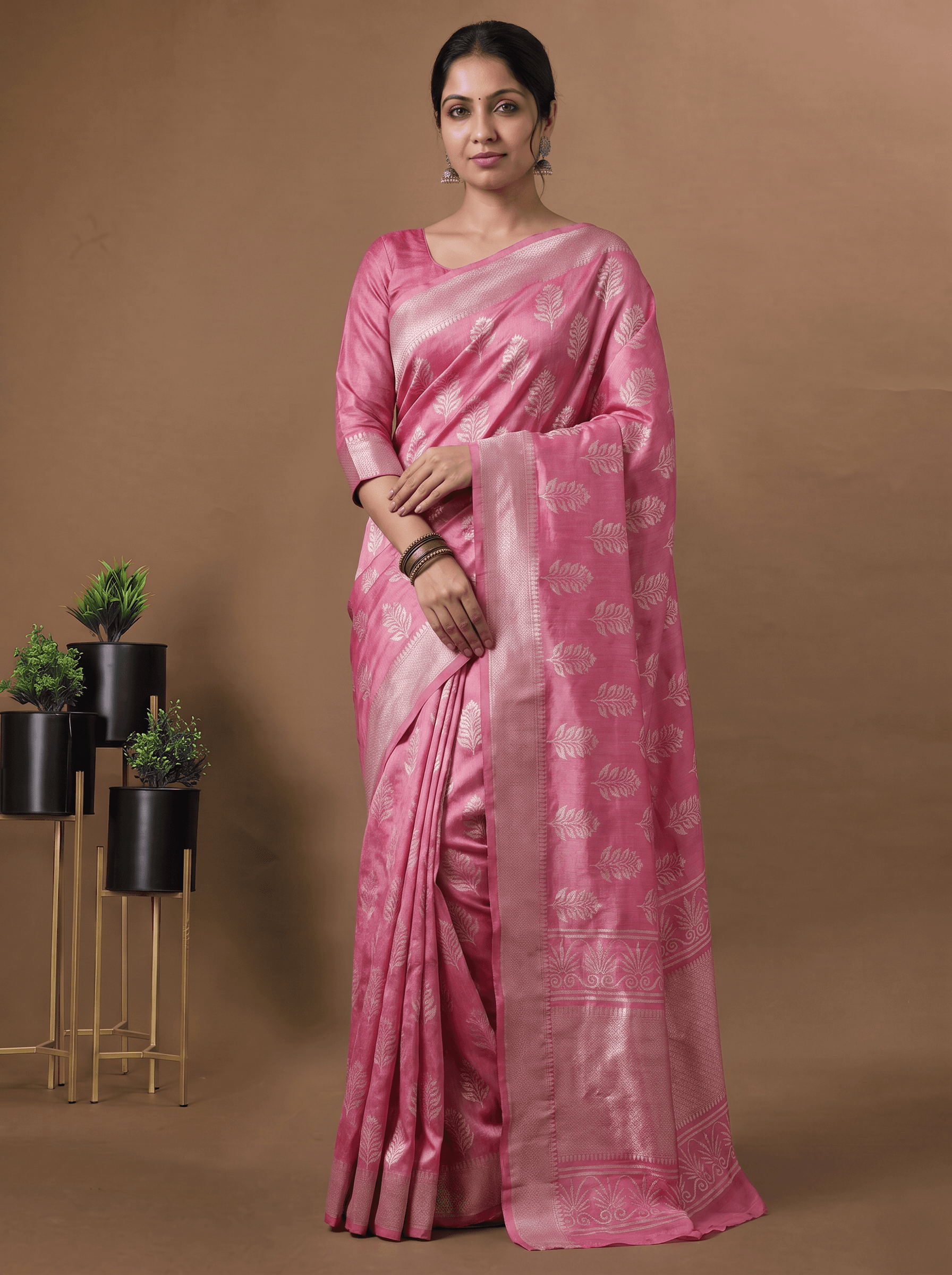 Rose Pink Chanderi Silk Saree - with Blouse Piece