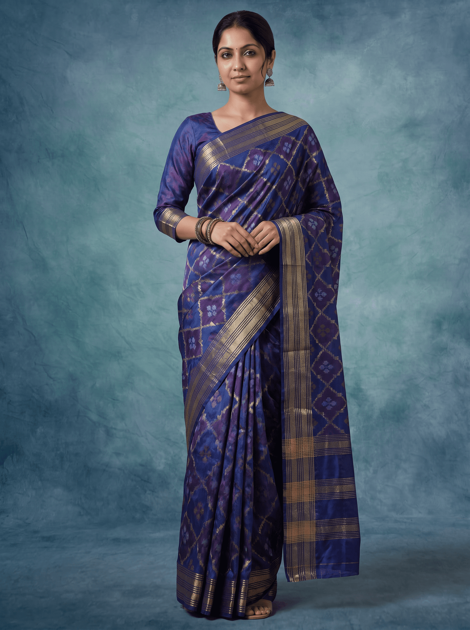 Indigo Violet Semi Ikkat Silk Saree - with Blouse Piece